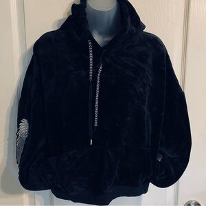 Floral Embroidered Velvet Hoodie - Black Size XL
